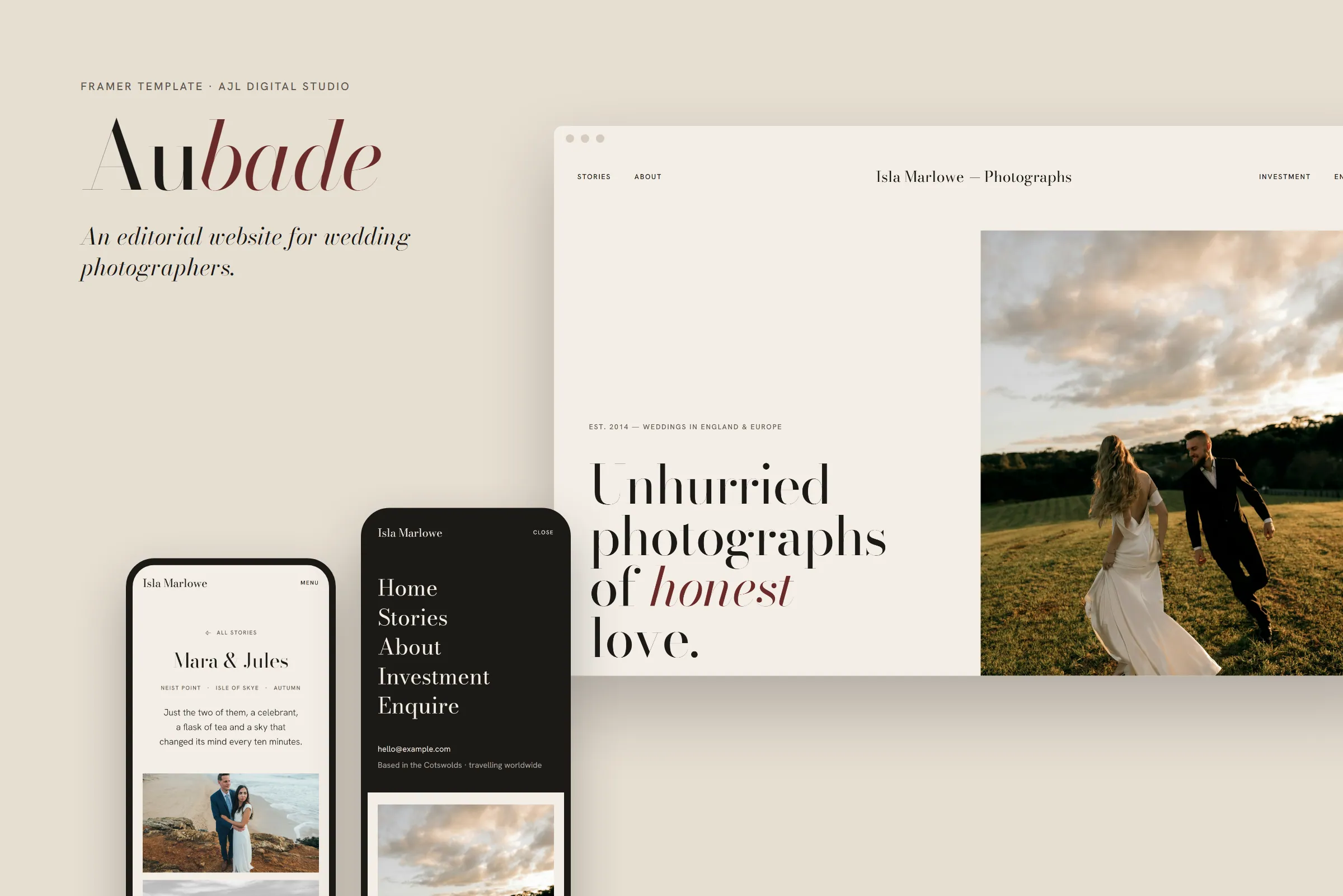 Aubade Editorial template shown on a desktop browser and two phones: the homepage headline ‘Unhurried photographs of honest love’ beside a couple walking through a field at sunset.