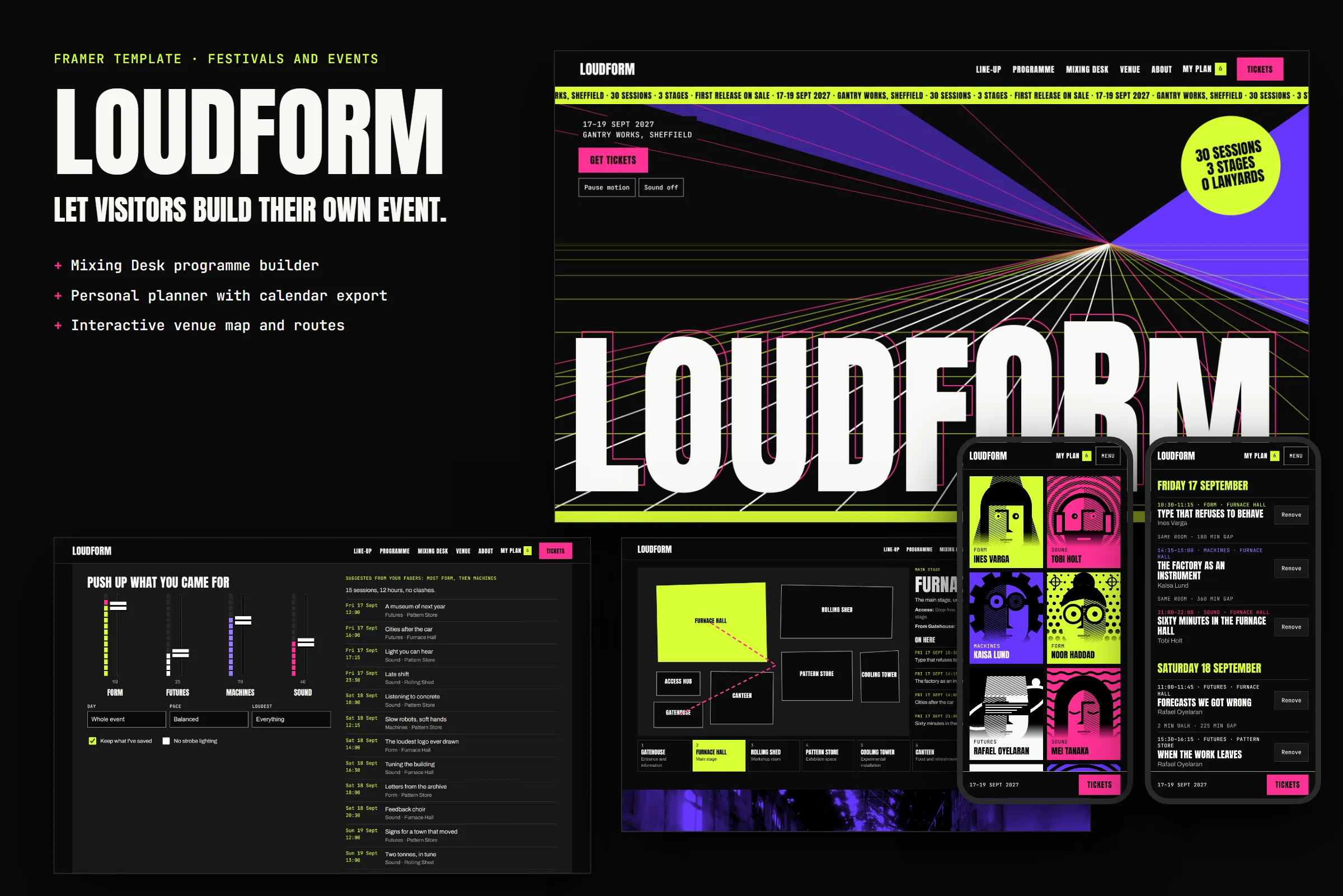 Loudform template on desktop and two phones: the hero, Mixing Desk, venue map, illustrated line-up and personal plan.