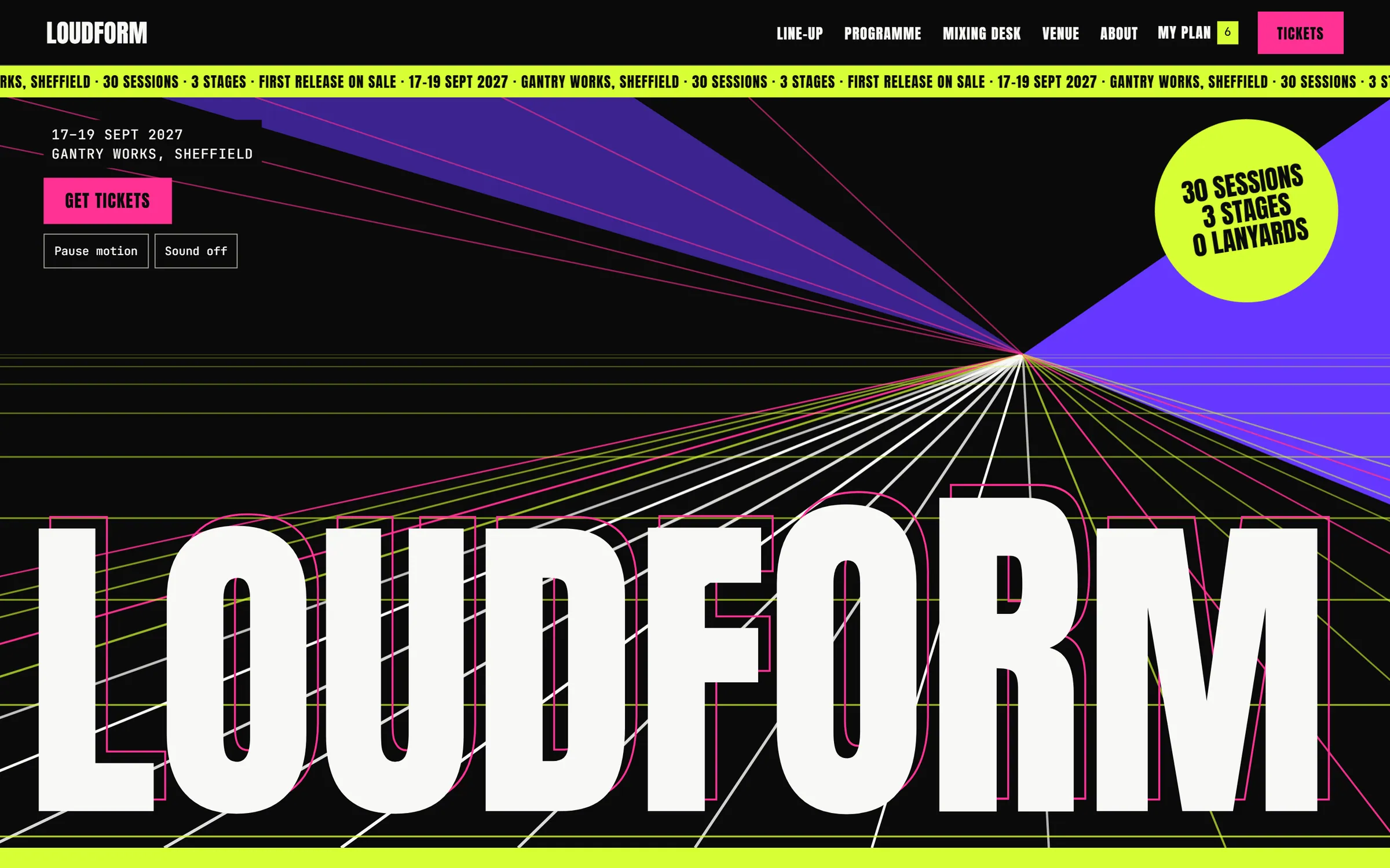 Loudform homepage hero: giant white wordmark over a neon perspective grid, with a lime ticker and a round badge.