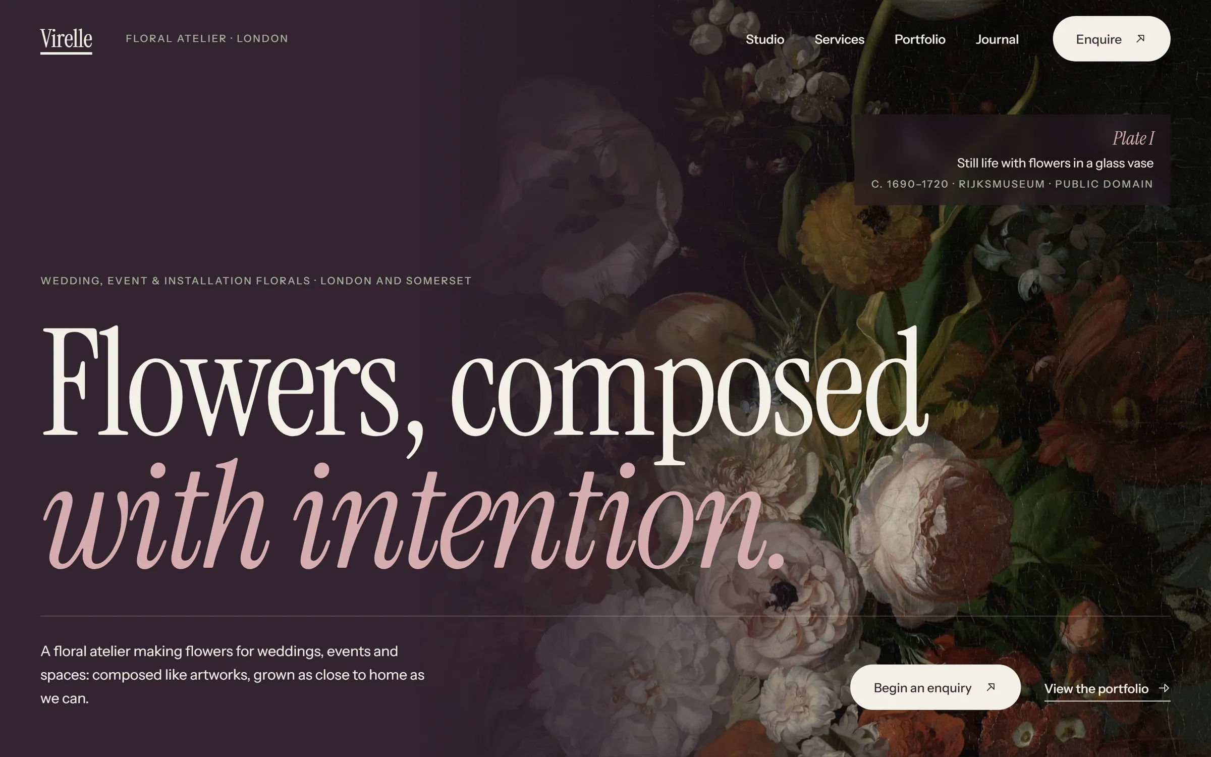 Virelle homepage hero: oversized serif headline with blush italics over a dark Dutch flower still life.