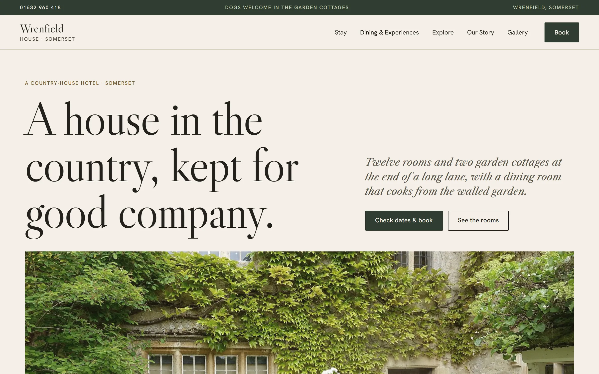 Wrenfield homepage: a large Caslon headline and booking buttons above a framed photograph of an ivy-covered stone house front.