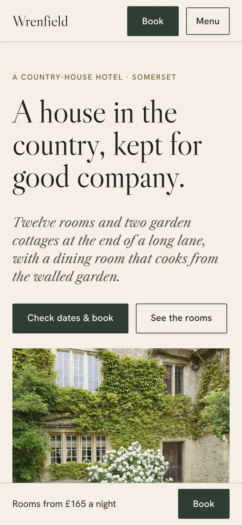 Wrenfield homepage on a phone with the sticky Book bar.