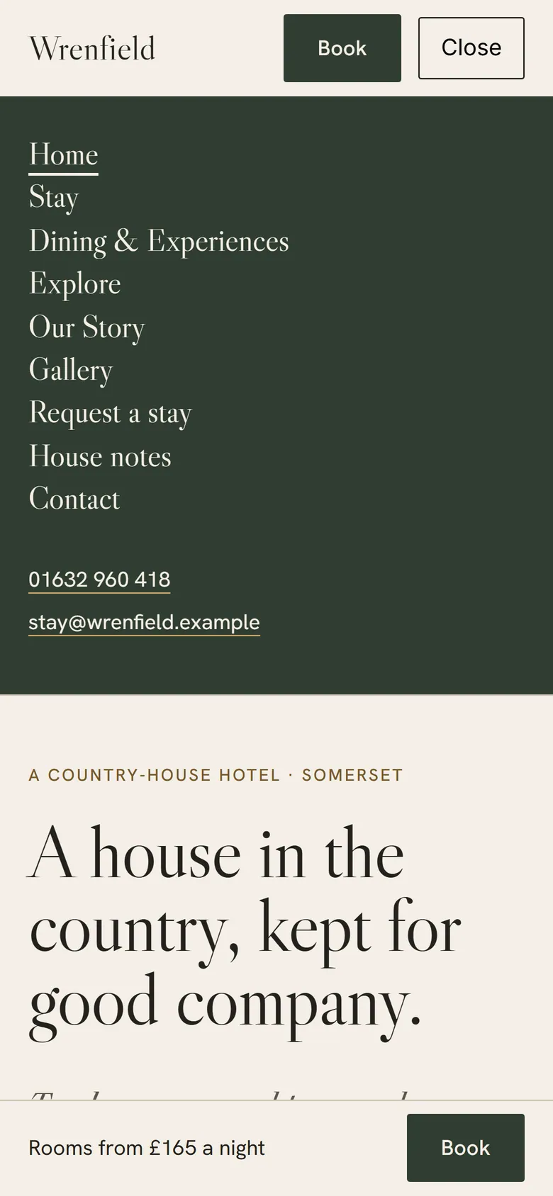 Wrenfield phone menu in hedgerow green.