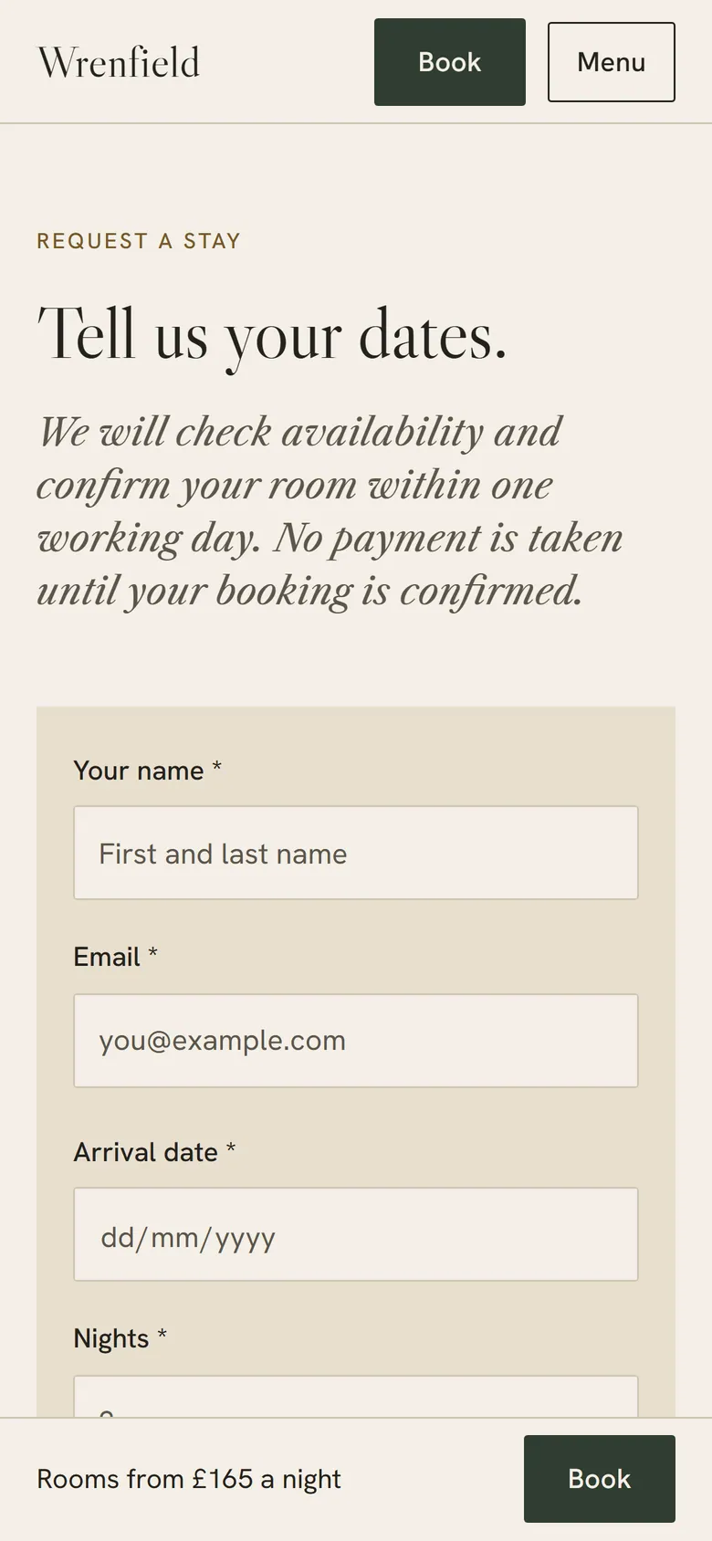 Wrenfield Request a stay form on a phone.