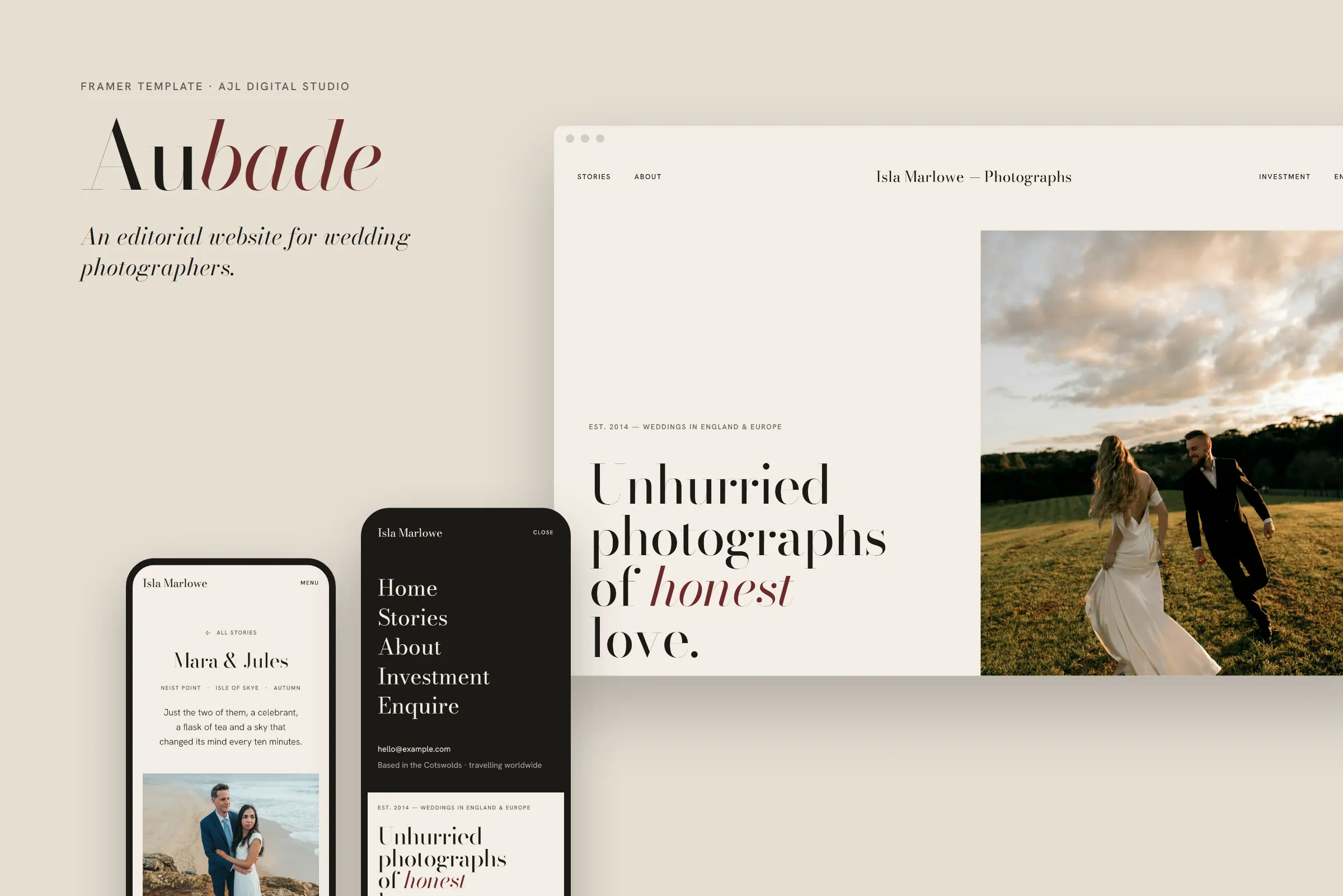 Aubade Editorial template shown on a desktop browser and two phones: the homepage headline ‘Unhurried photographs of honest love’ beside a couple walking through a field at sunset.