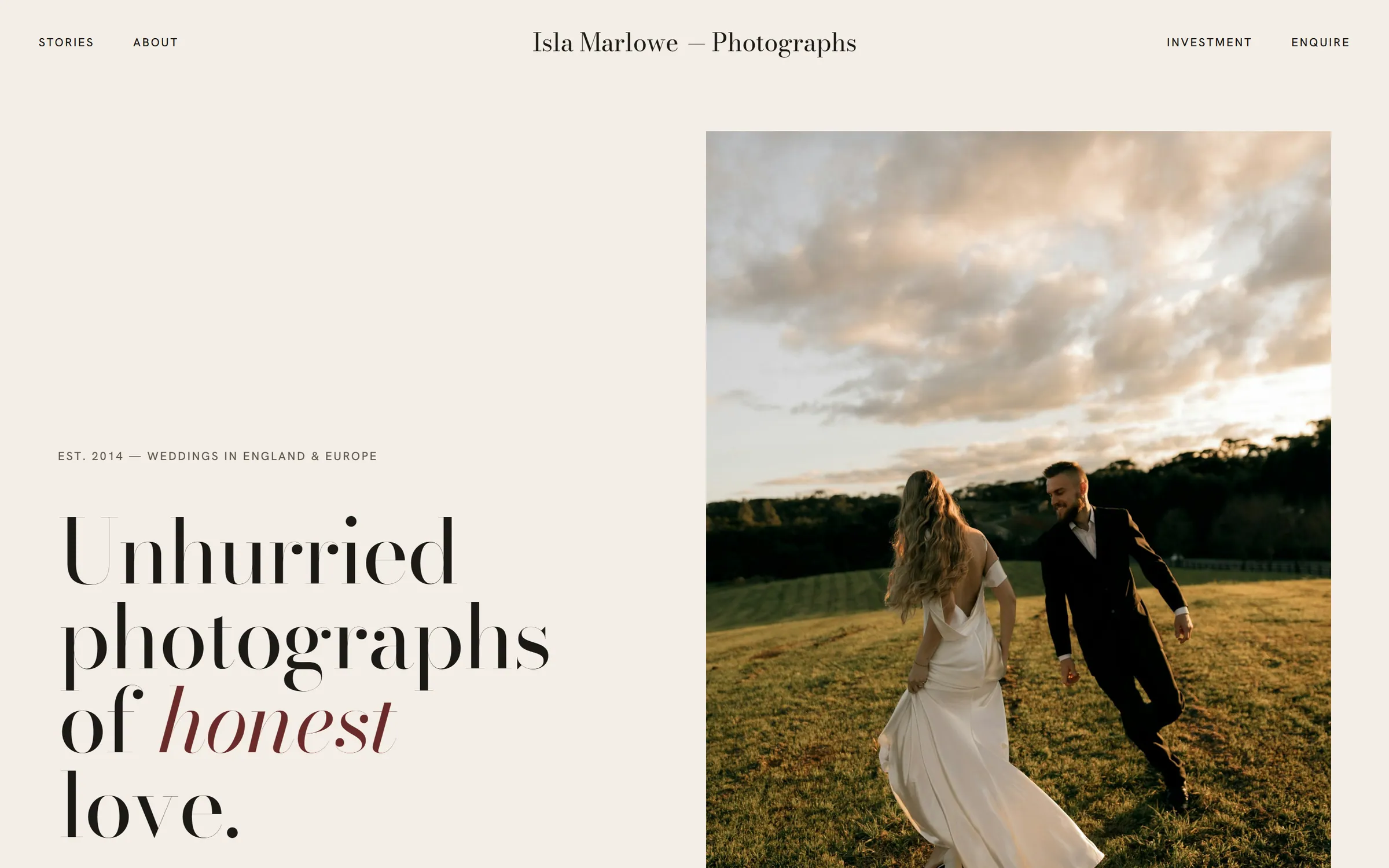 Aubade homepage hero: large serif headline on ivory beside a portrait photograph of a couple in a field.