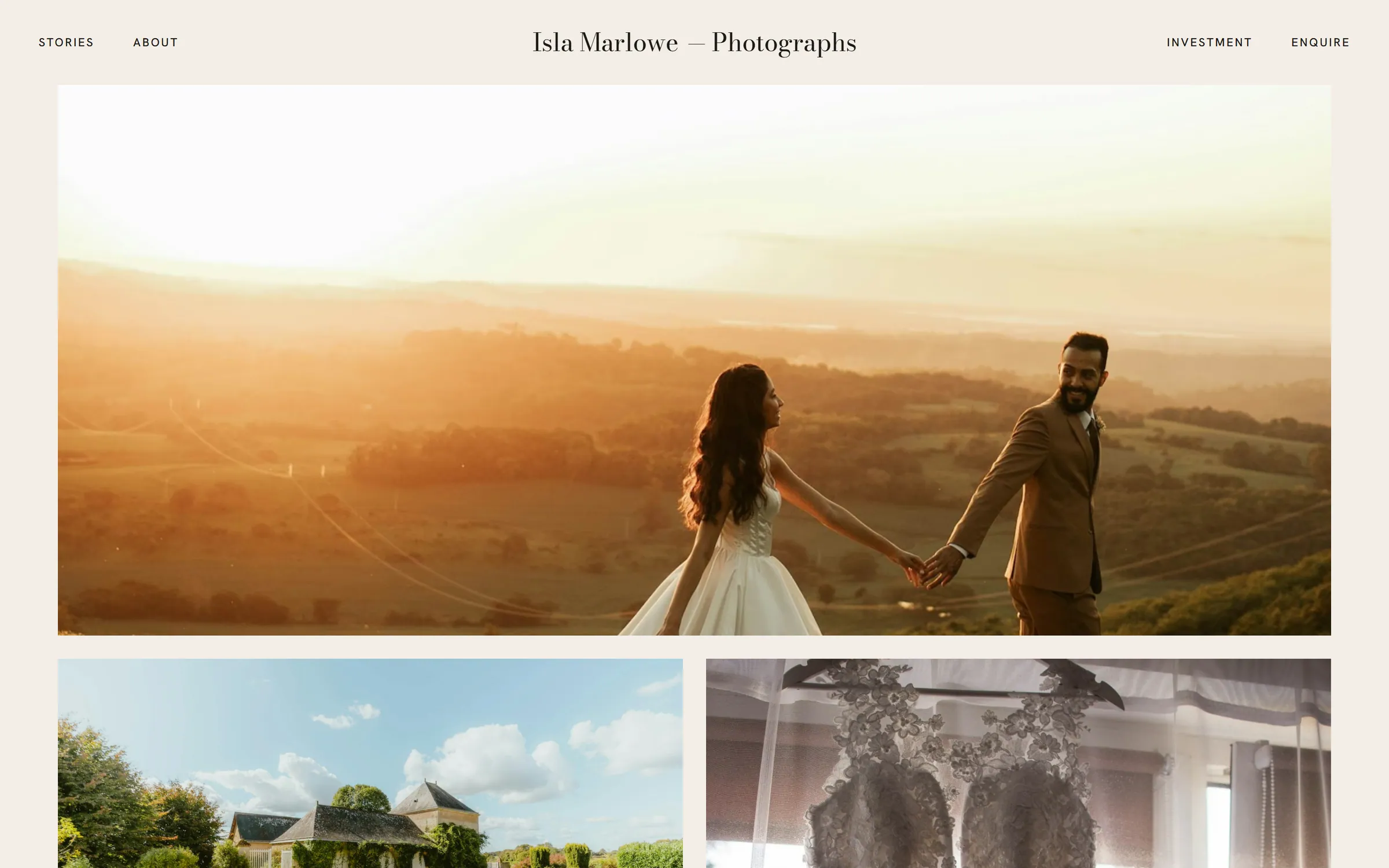 Aubade story page gallery: a wide golden-hour photograph above a two-column image grid.