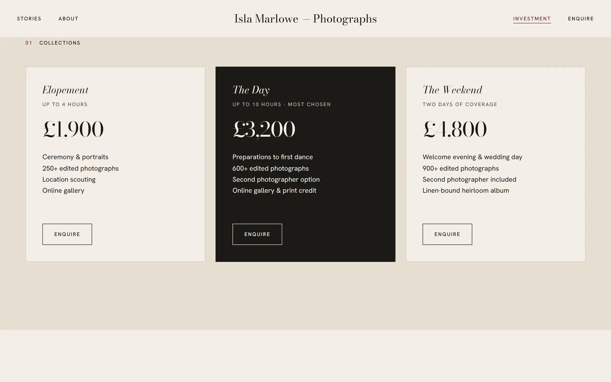 Aubade Investment page: three wedding photography collections with starting prices.
