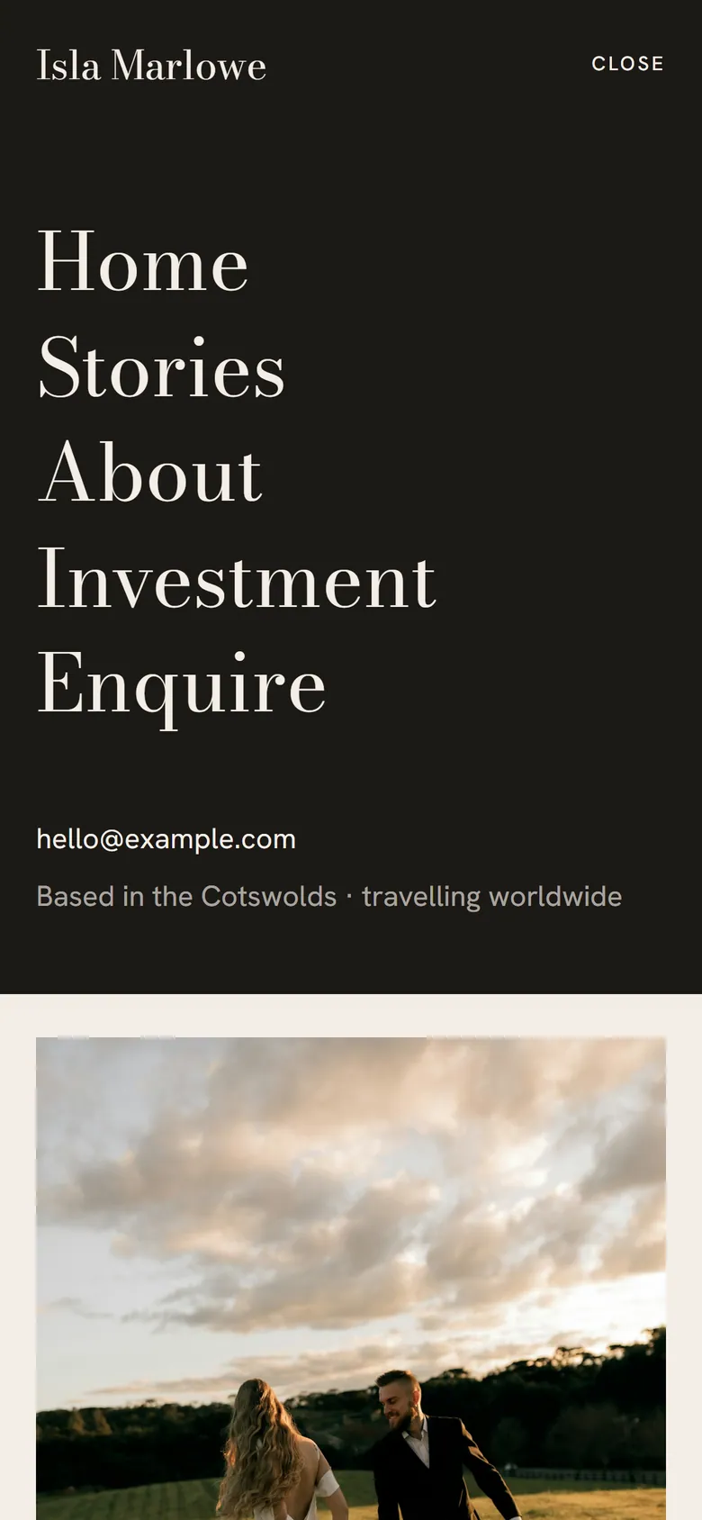 Aubade full-screen mobile menu on a dark background.