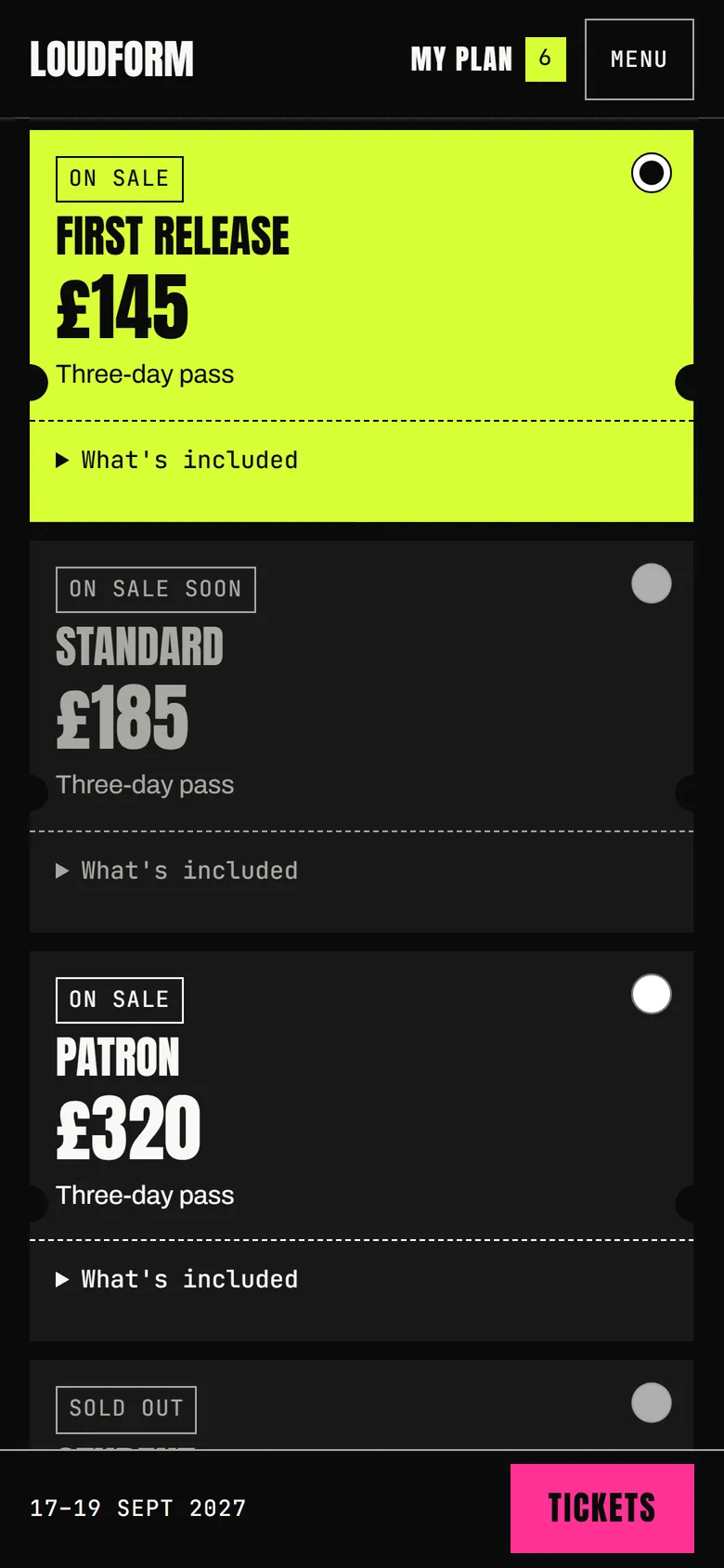 Loudform ticket selector on a phone.