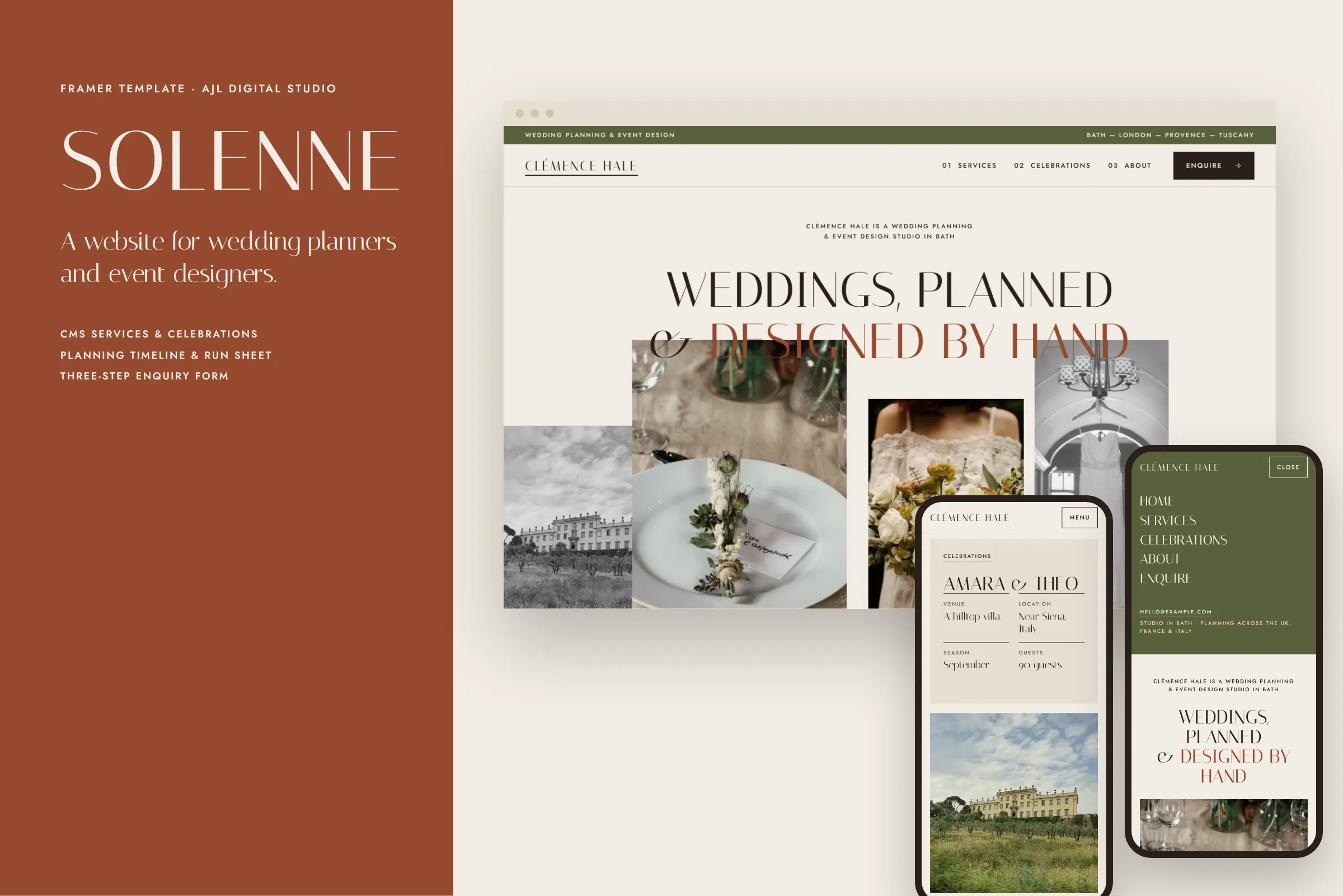 Solenne template on a desktop browser and two phones: the headline ‘Weddings, planned and designed by hand’ over an editorial photo collage, beside a terracotta panel.