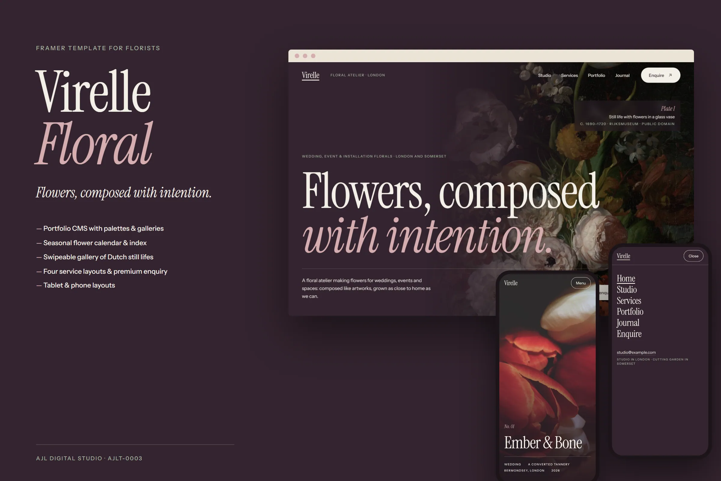 Virelle Floral template on a desktop browser and two phones: the headline ‘Flowers, composed with intention.’ over a Dutch flower still life.