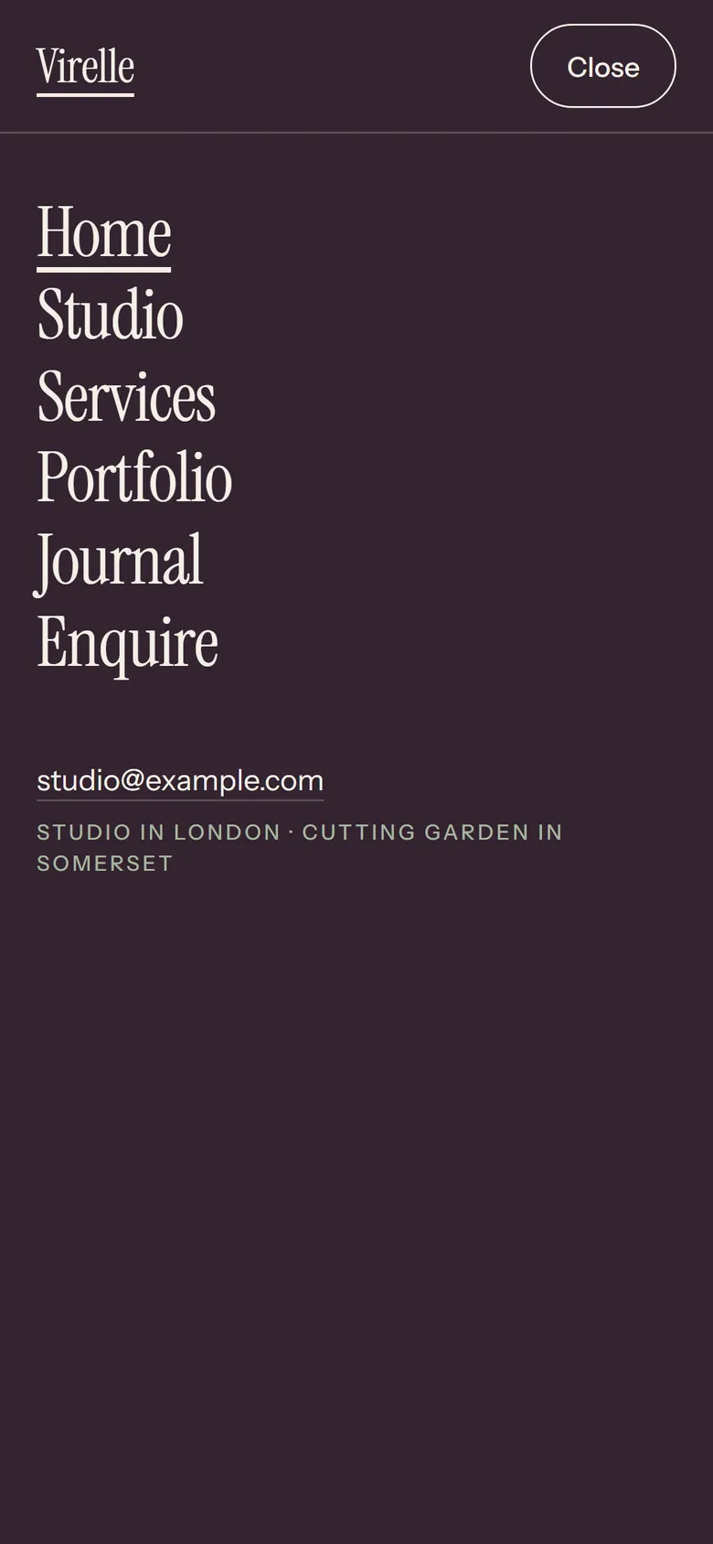 Virelle full-screen aubergine phone menu.