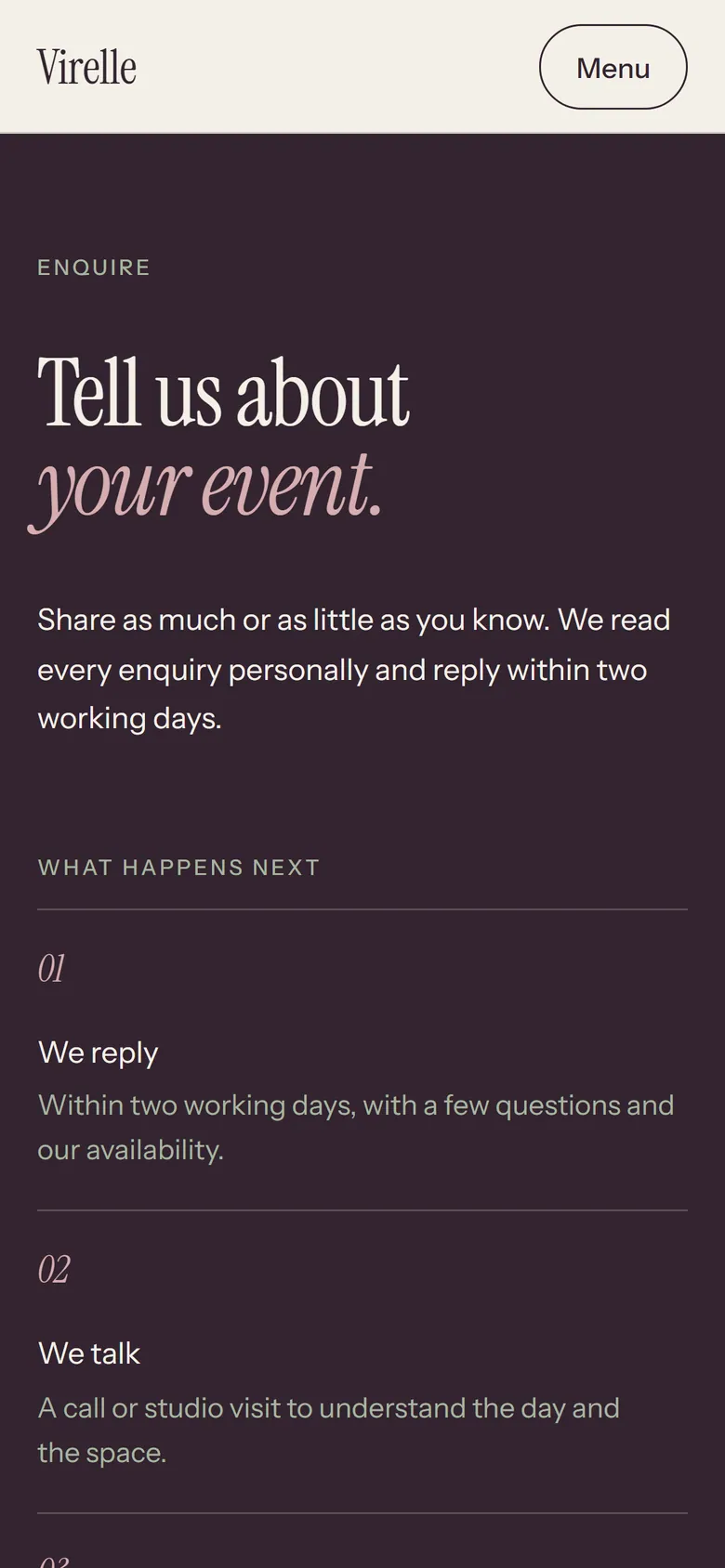 Virelle enquiry page on a phone.