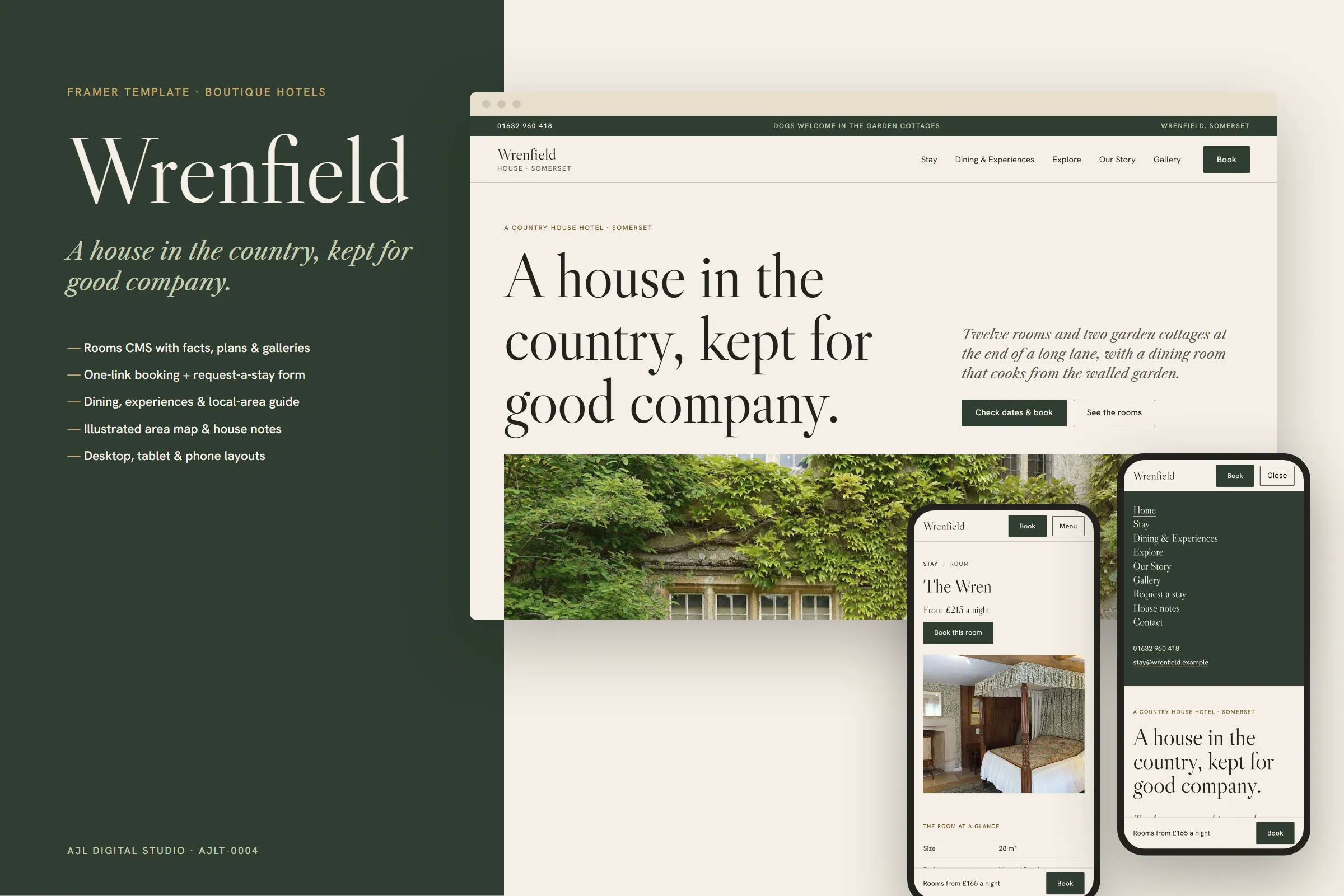Wrenfield template on a desktop browser and two phones: the headline ‘A house in the country, kept for good company.’ beside an ivy-covered stone house front.